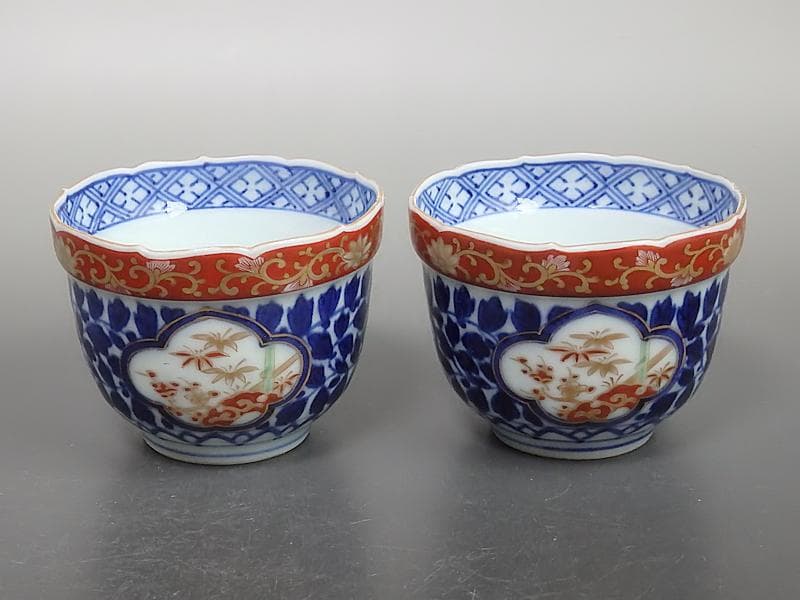 大聖寺伊万里　染錦　窓絵　葉唐草の図　向付　２客　D686AS-BDu