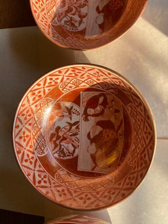 古九谷 明治 九谷赤絵三ツ揃い鉢 人気 九谷焼 細密武者絵図大三ツ鉢