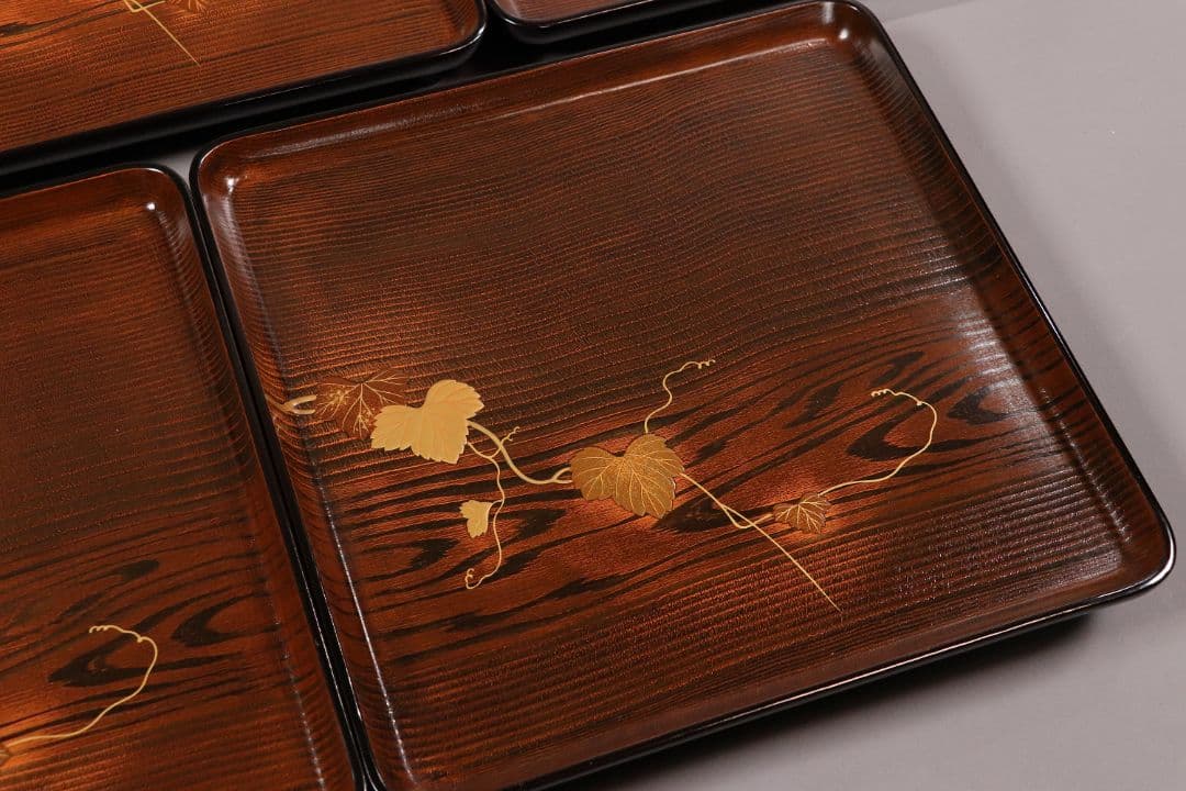 CL77 能登輪島塗 蔦金蒔絵 欅地 木地呂塗 足付四方膳 五客 木製漆器