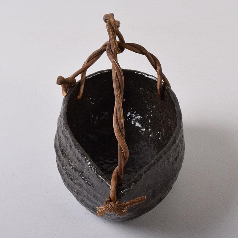 茶道具　伊曽嶋窯　渓古石香作　黒釣舟花入　共布　堀内宗完極め箱　C　R8476