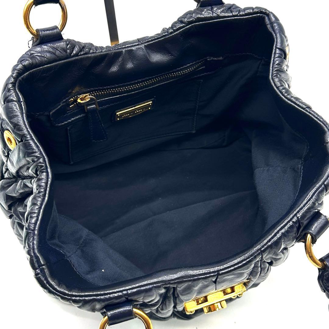 ミュウミュウ マトラッセ 2way ショルダーバッグ ゴールド金具 レザー 濃紺