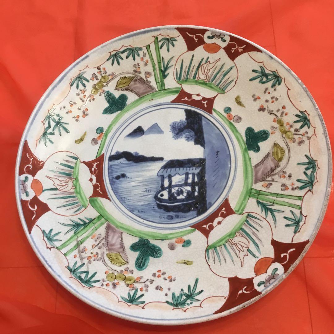 風景画と花模様の茶碗　アンティーク古い　大皿　飾り皿　約39センチ 風景画と花模様の茶碗アンティーク古い大皿飾り皿約39センチ