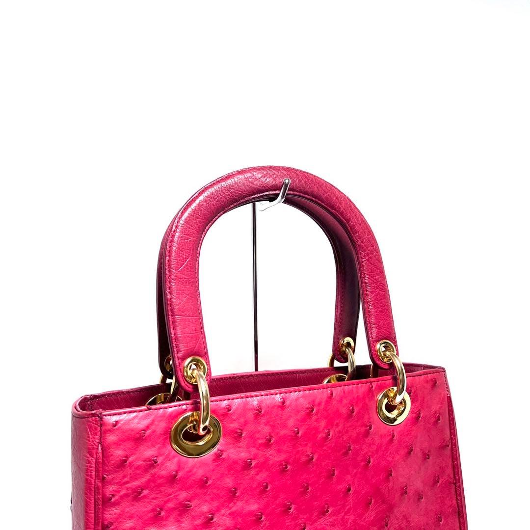 【美品】Ostrich leather オーストリッチ/レッド系色/ハンドバッグ