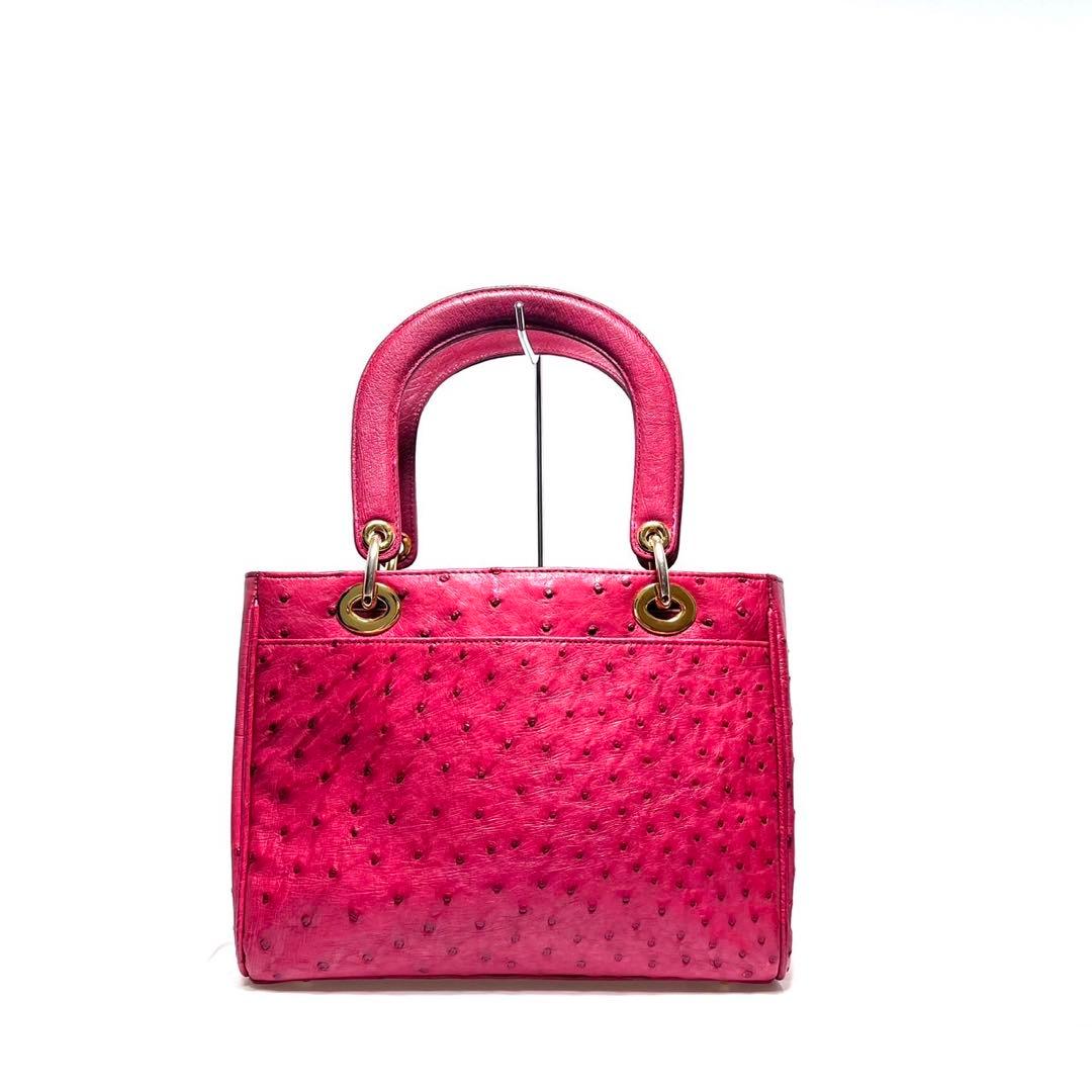 【美品】Ostrich leather オーストリッチ/レッド系色/ハンドバッグ