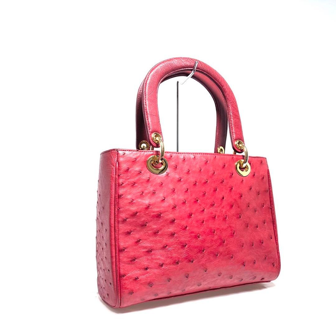 【美品】Ostrich leather オーストリッチ/レッド系色/ハンドバッグ