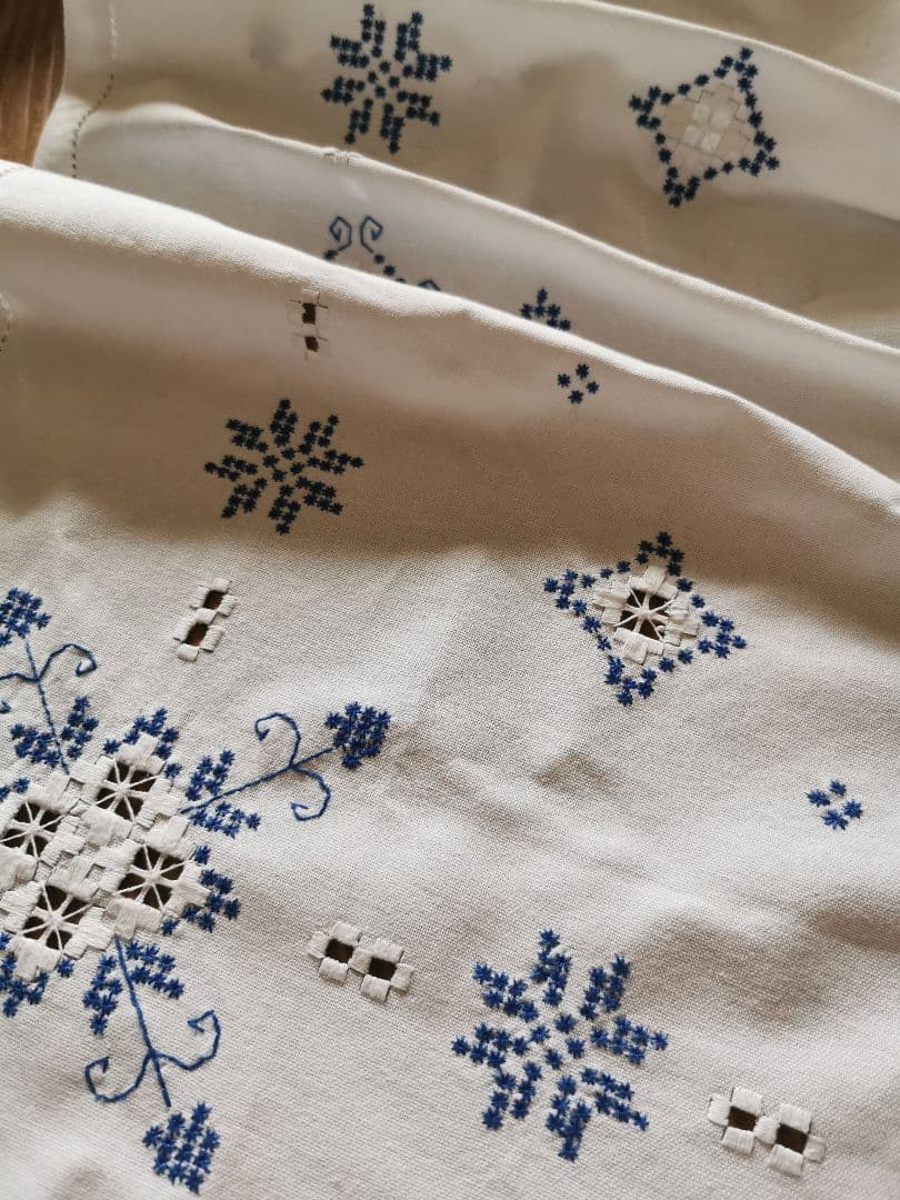 アンティーク 北欧ハーダンガーレース刺繍 大判クロス ブルーワーク