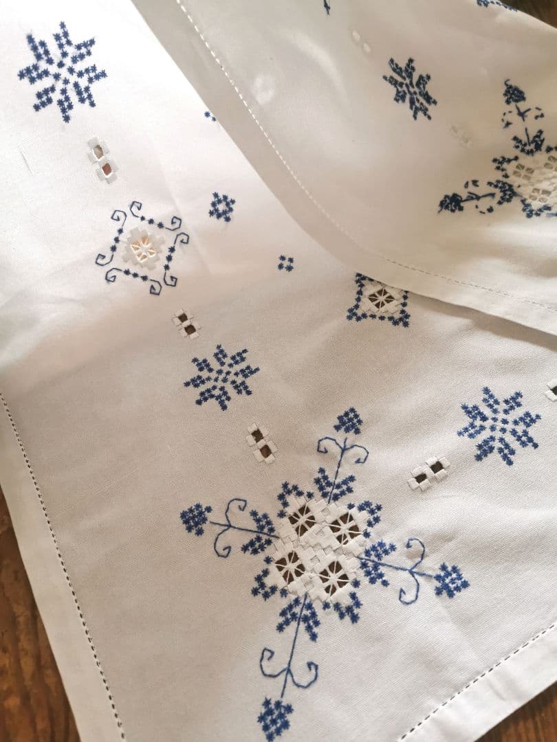 アンティーク 北欧ハーダンガーレース刺繍 大判クロス ブルーワーク