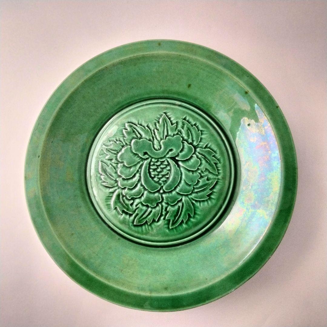 M267-2 中国 新渡緑釉飾り皿 唐物緑釉盤 中央花