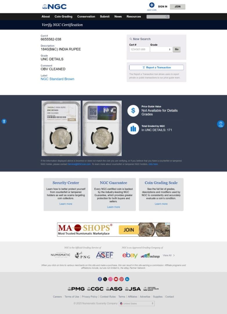 NGC-UNC 洗浄 イギリス領インド ヴィクトリア 銀貨 1840（B&C）
