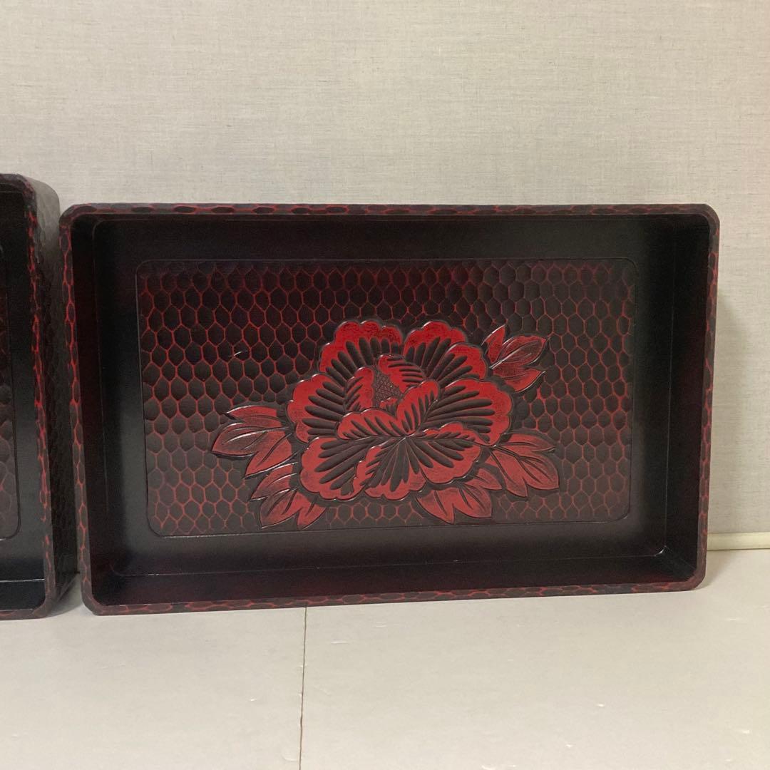 鎌倉彫 乱れ籠 衣装籠 盆 トレイ 2枚組 収納 木製 彫刻 漆塗 花柄