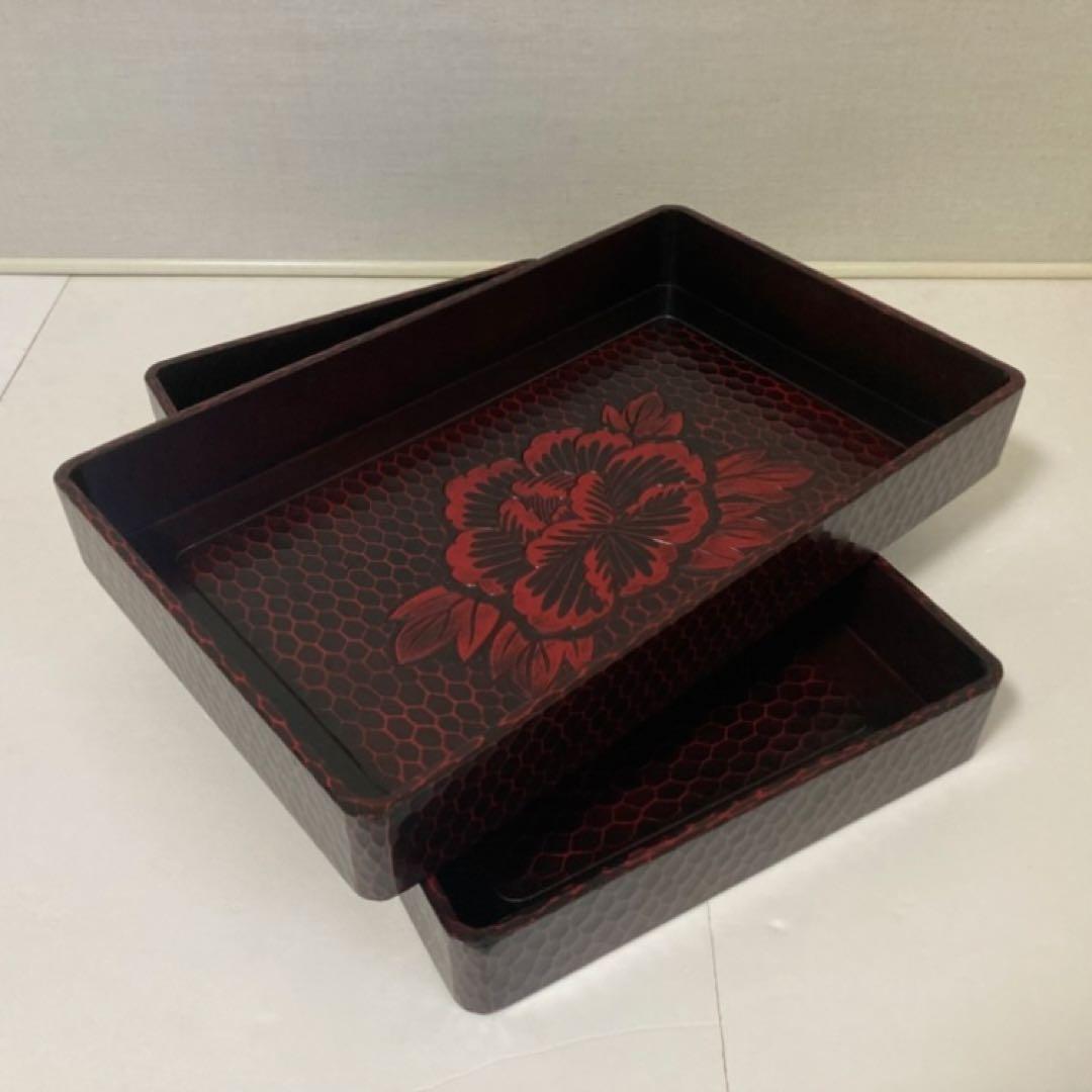 鎌倉彫 乱れ籠 衣装籠 盆 トレイ 2枚組 収納 木製 彫刻 漆塗 花