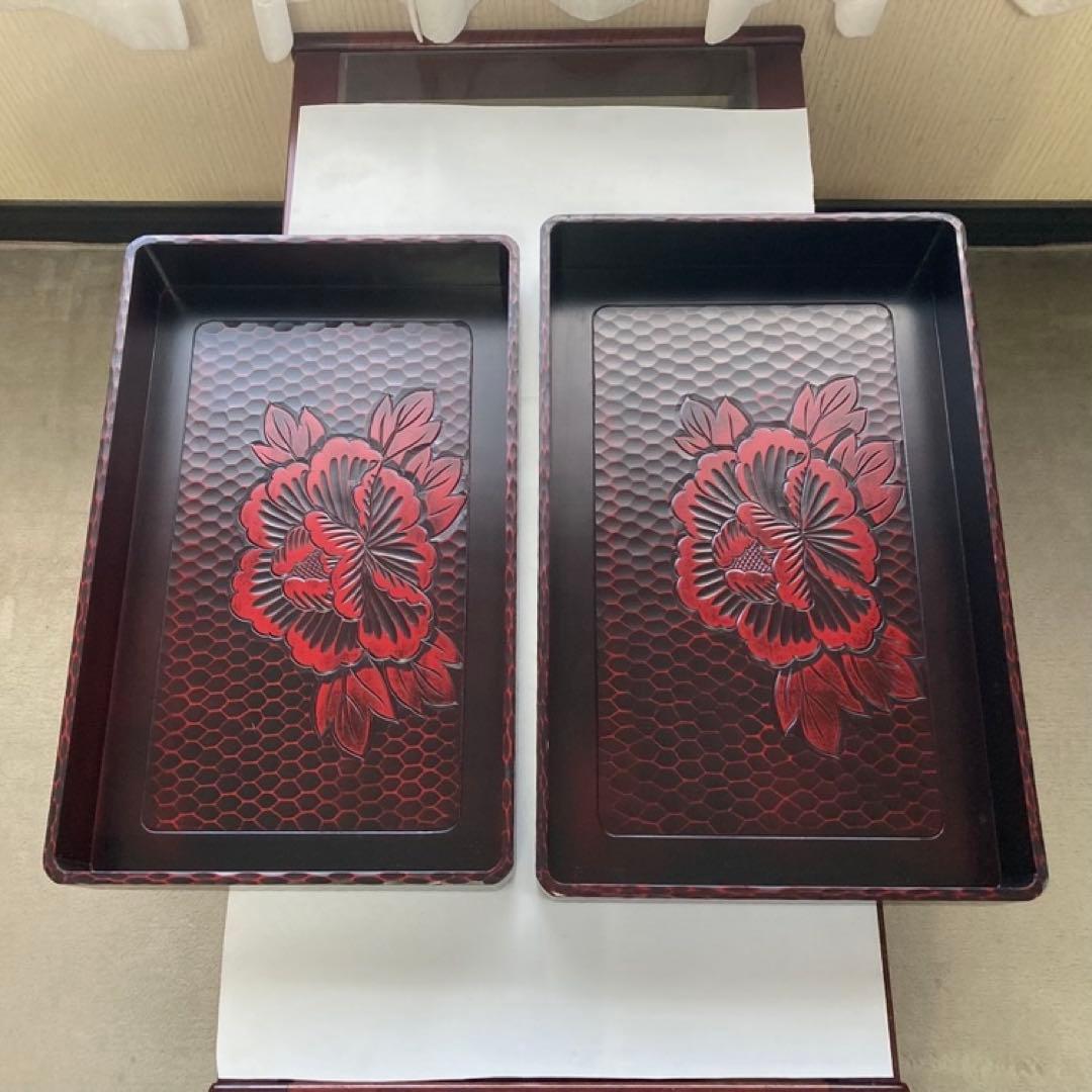 鎌倉彫 乱れ籠 衣装籠 盆 トレイ 2枚組 収納 木製 彫刻 漆塗 花柄