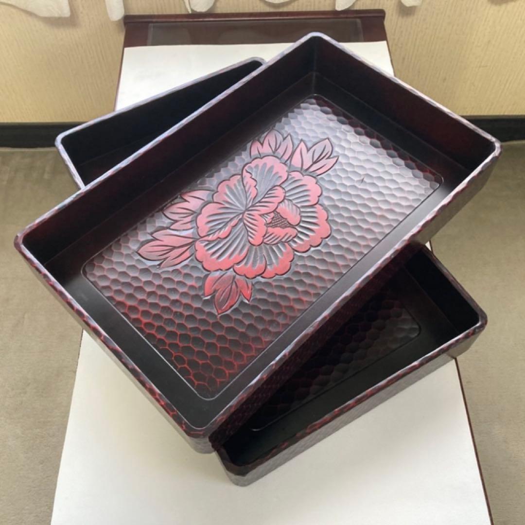 鎌倉彫 乱れ籠 衣装籠 盆 トレイ 2枚組 収納 木製 彫刻 漆塗 花