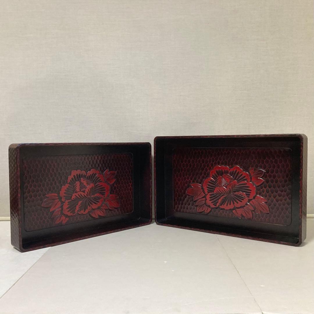 鎌倉彫 乱れ籠 衣装籠 盆 トレイ 2枚組 収納 木製 彫刻 漆塗 花柄