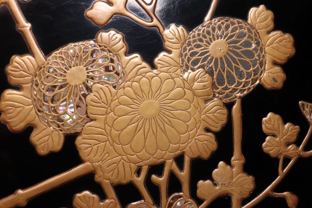 時代 光琳蒔絵 脇取盆 二枚 螺鈿 菊 金銀蒔絵 長方盆 広蓋 黒塗 MA404