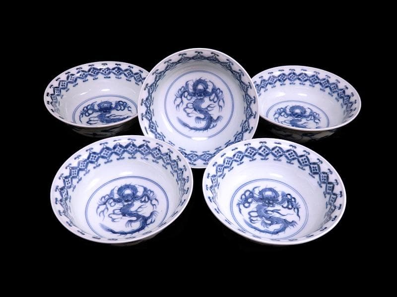 古伊万里　染付　七宝繋ぎ紋に龍の図　膾皿　５客　江戸期　A050AS-CKk 古伊万里 染付 七宝繋ぎ紋に龍の図 膾皿 5客 江戸期 A050AS-CKk