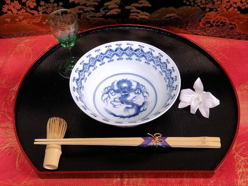 古伊万里 染付 七宝繋ぎ紋に龍の図 膾皿 5客 江戸期 A050AS-CKk