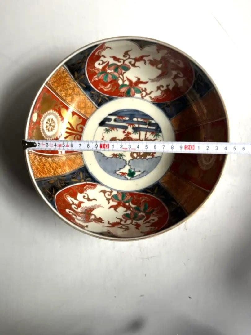 517 骨董 アンティーク 古伊万里 染付 色絵金彩窓絵鳳凰図8寸鉢