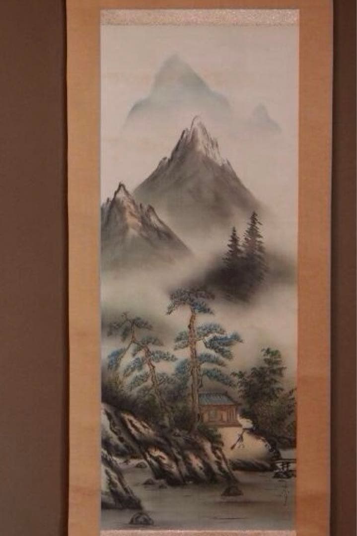 彩色山水画 香山作 掛け軸 絹本