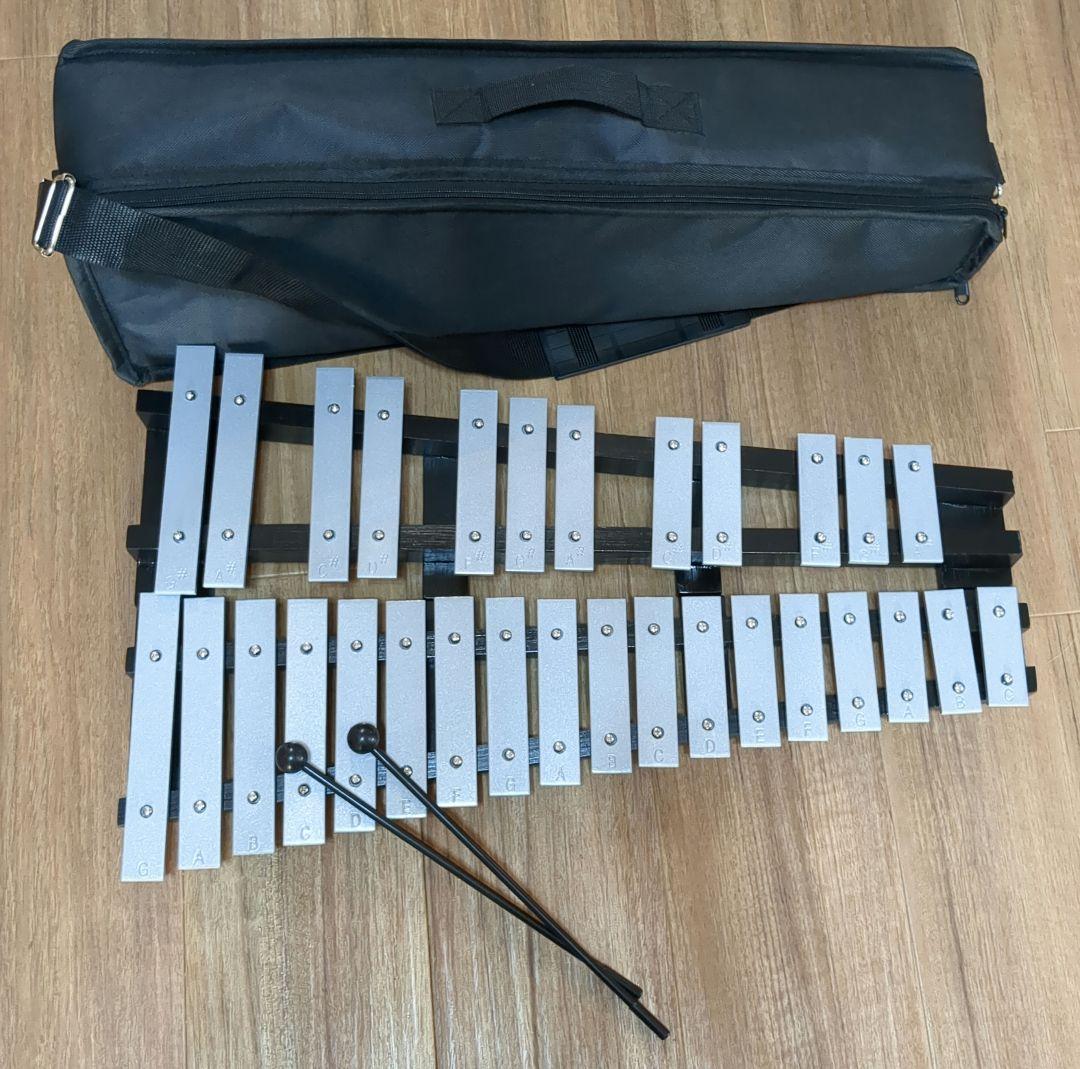 美品】鉄琴 グロッケン30鍵盤 折りたたみ 卓上 マレット2本 収納ケース