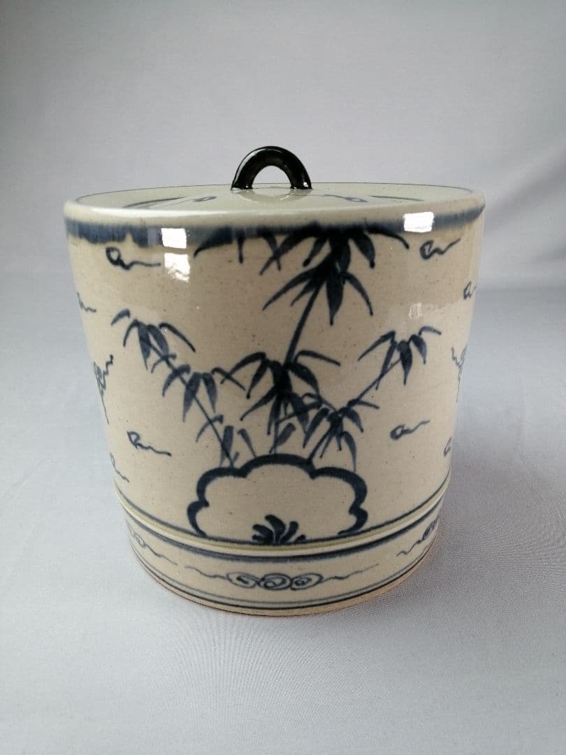 茶道具】膳所焼陽炎園 安南写竹の絵水指 水指372