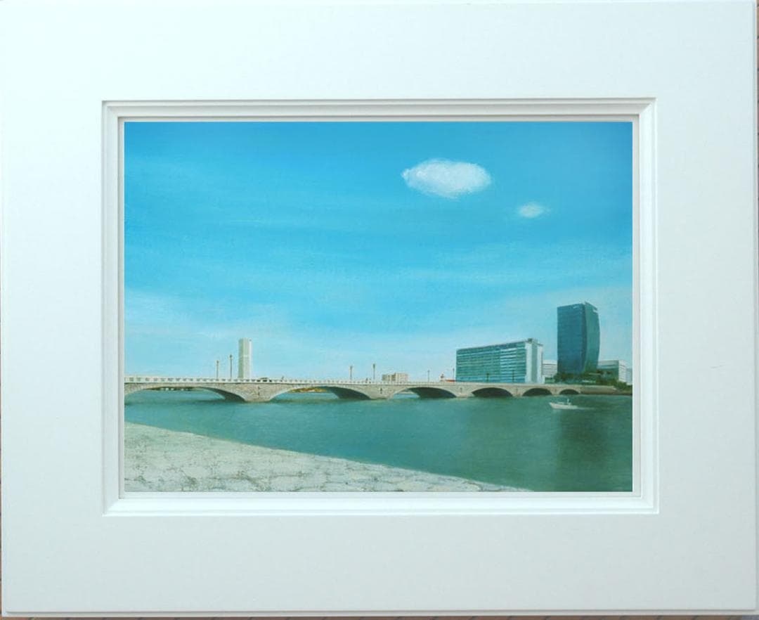 油絵 菅家令子 絵 絵画インテリア額付(青緑+金色の枠)F6-080314万代橋