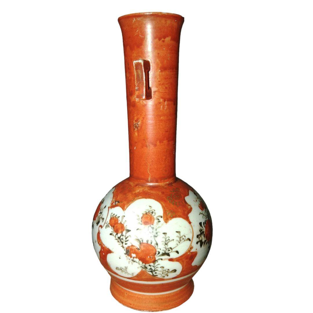 明治レトロ　赤九谷焼　草花文様双耳小花瓶