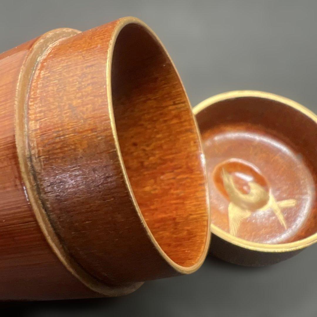 輪島塗 山下春甫造 梨地四君子蒔絵中棗 共箱 高さ約7㎝ 東Y8-0106☆2F