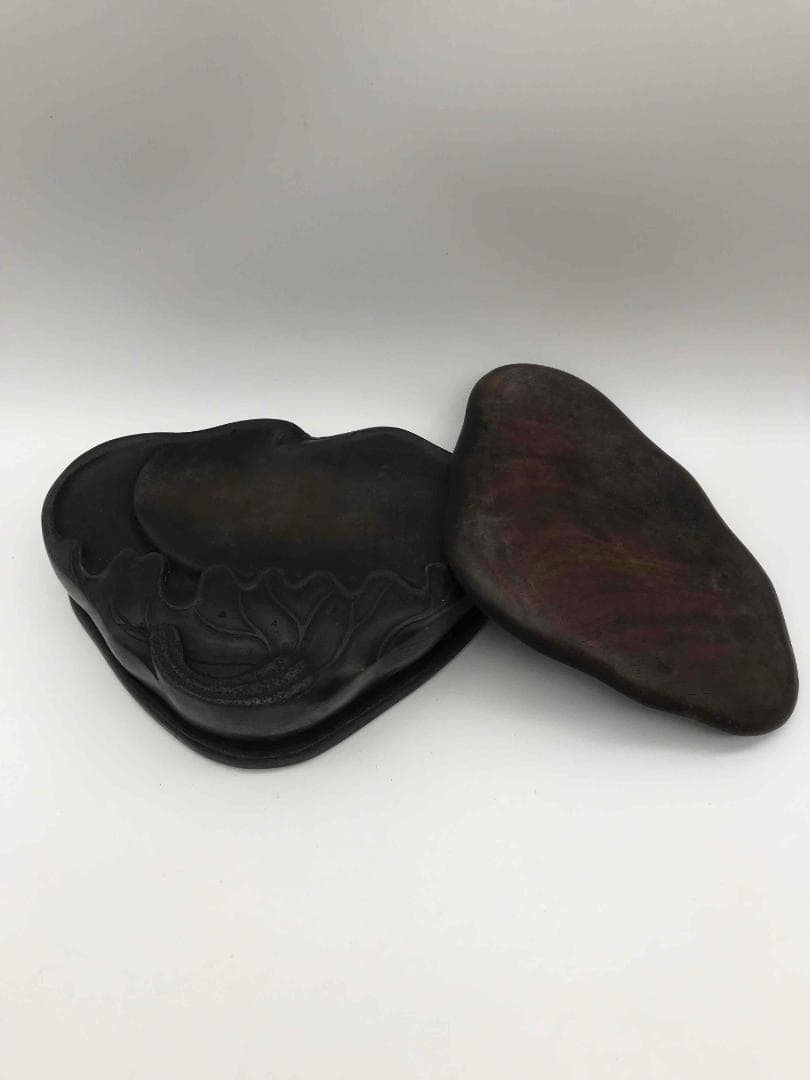 古端渓硯 清時代 蓮型硯 唐木蓋付き 極上品 時代物 初出し物(