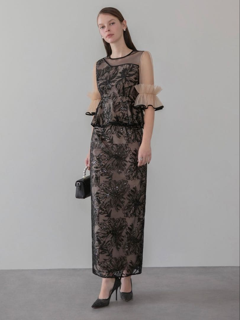 アシンメトリーシアーフラワースパンコールフリルチュール セットアップドレス結婚式