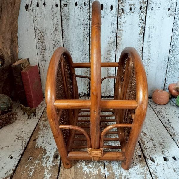 70-80s ヴィンテージ ラタン マガジンラック ブックスタンド 籐 本立て