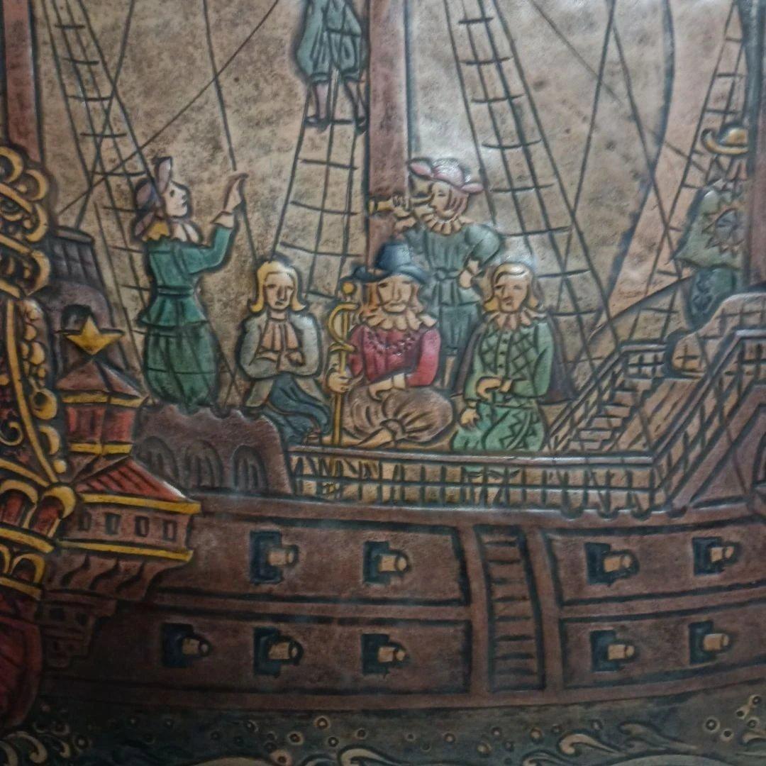 5678) 栗原千鶴子 南蛮船　革細工の絵画　画家の解説あり