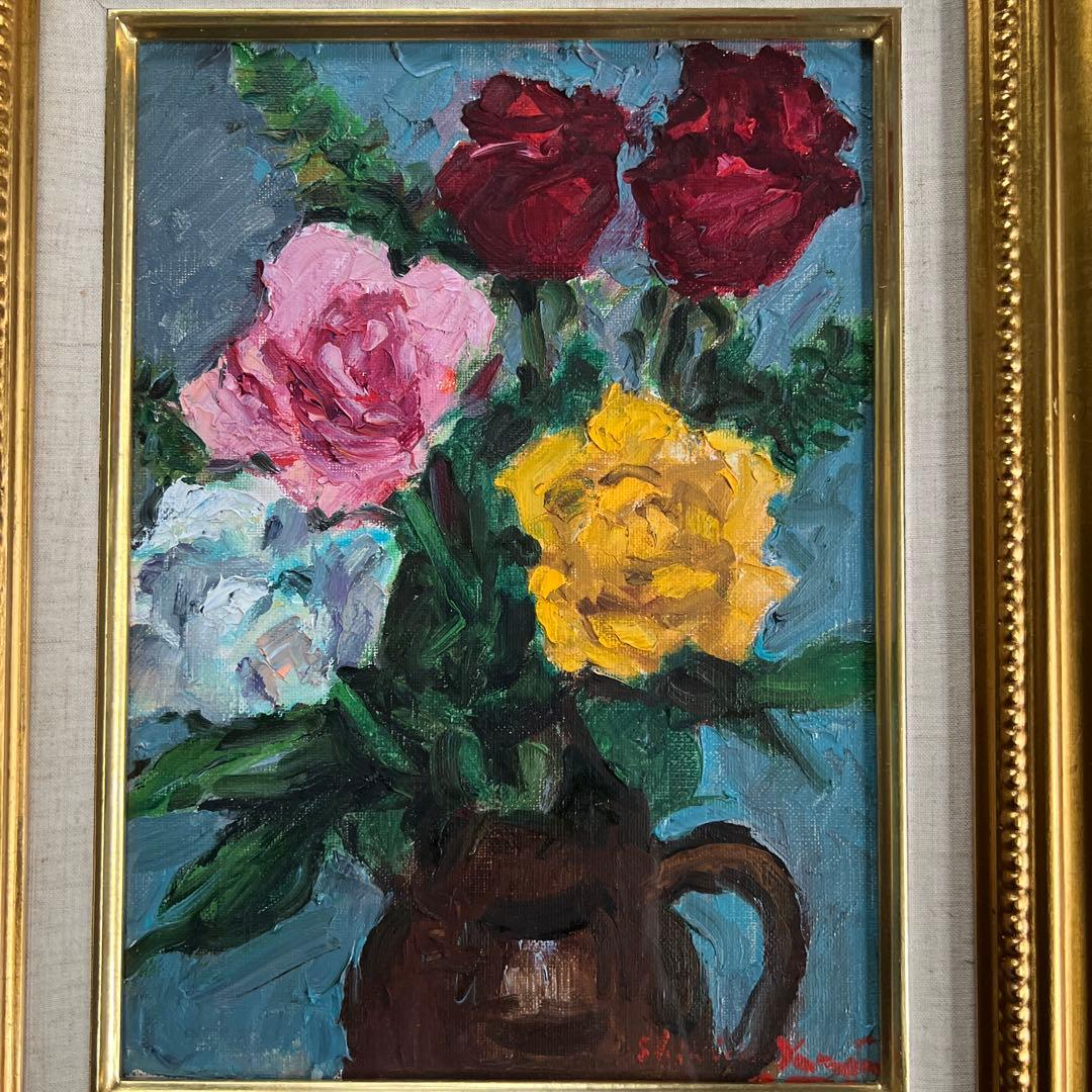 山田新一油彩画 バラの花束 金色フレーム付き