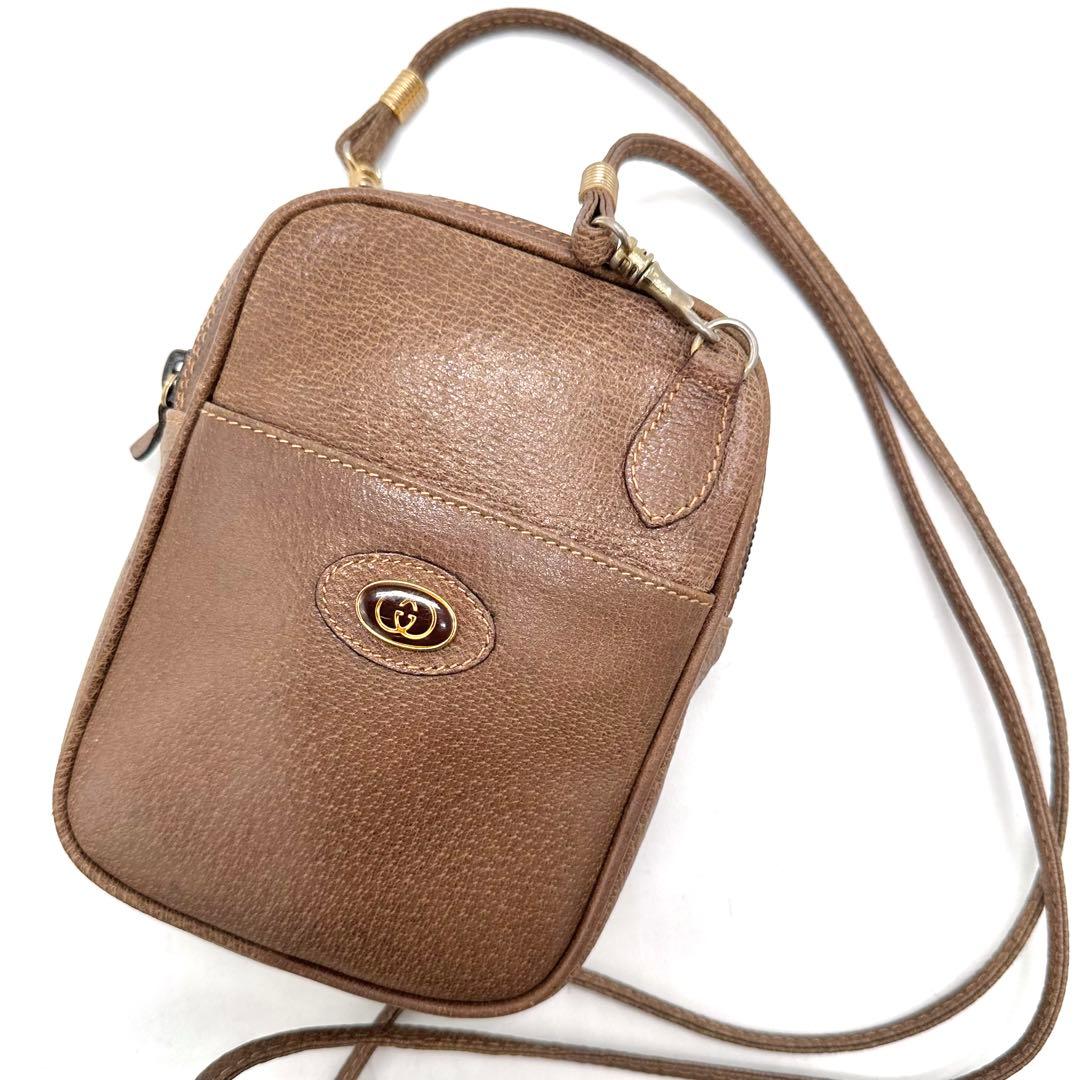 美品 OLD GUCCI ショルダーバッグ インターロッキング ヒステリア 茶