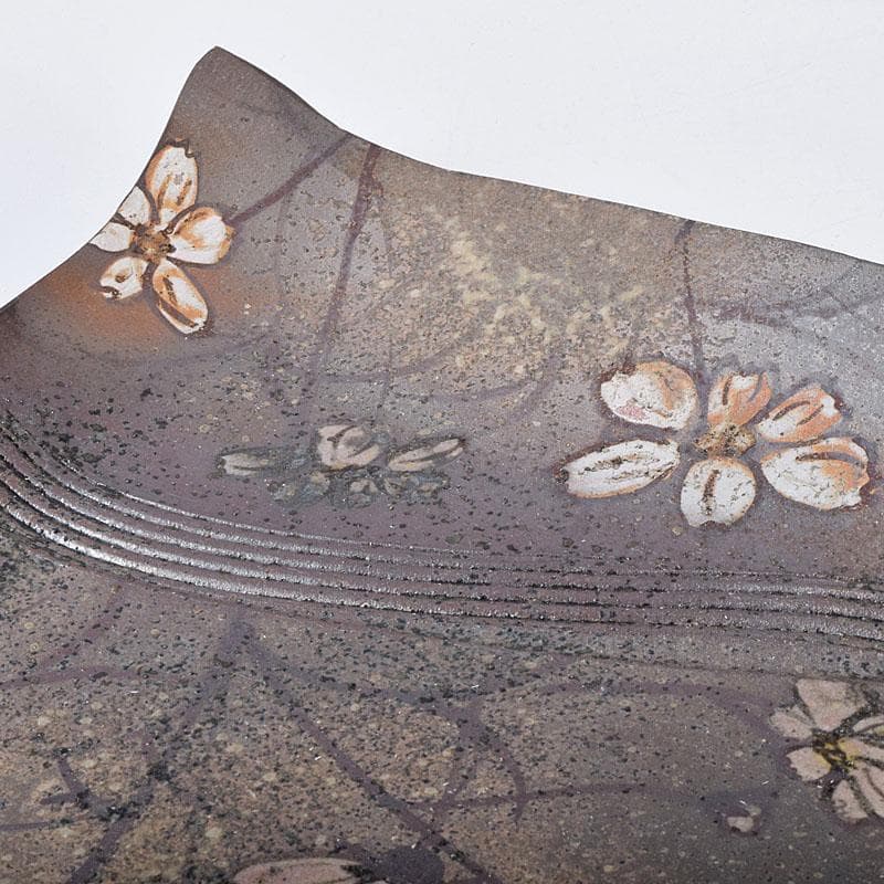 益子焼 堀越美紀作 自然釉 秋桜文 長皿 共箱 N 8681D