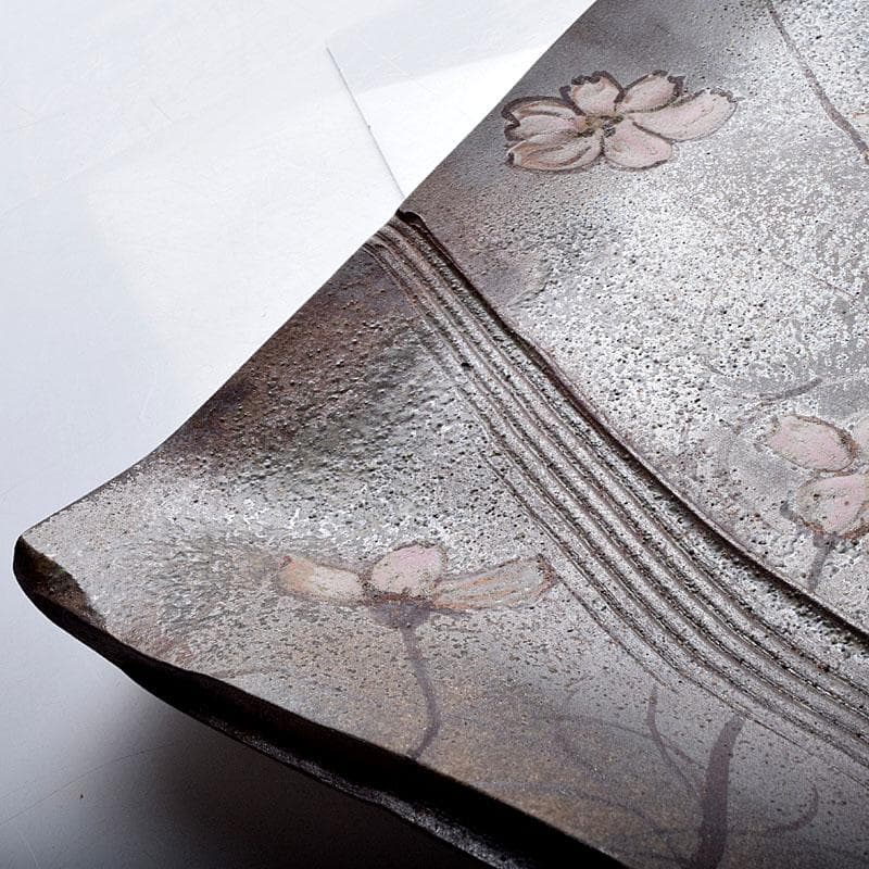 益子焼 堀越美紀作 自然釉 秋桜文 長皿 共箱 N 8681D