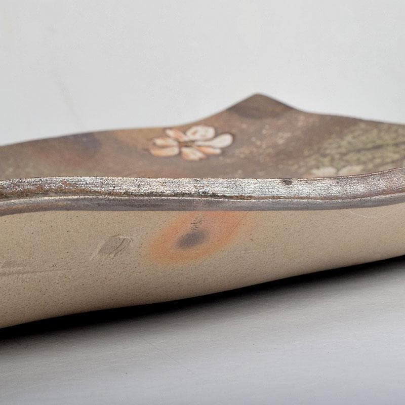 益子焼 堀越美紀作 自然釉 秋桜文 長皿 共箱 N 8681D