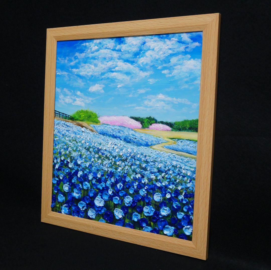 油絵 油彩 油彩画 絵 絵画 【ネモフィラと桜】