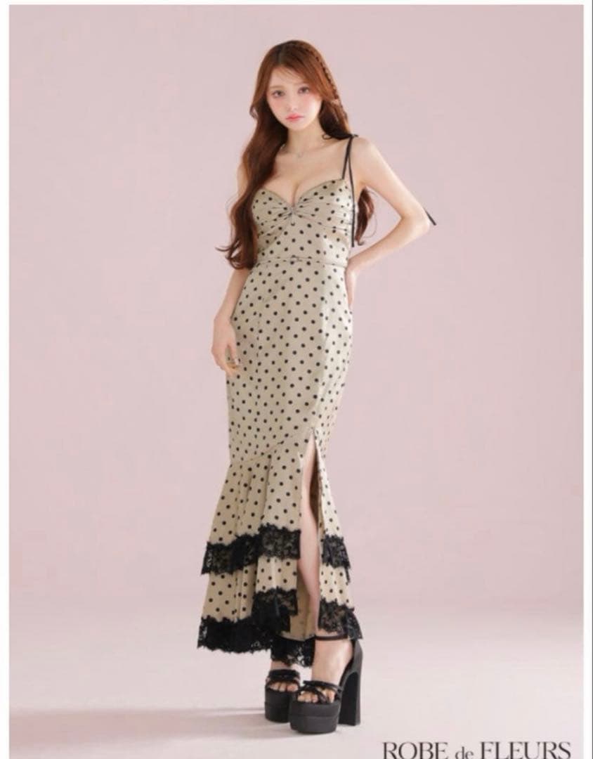 【ローブドフルール】 ドットサテンフリルロングドレス