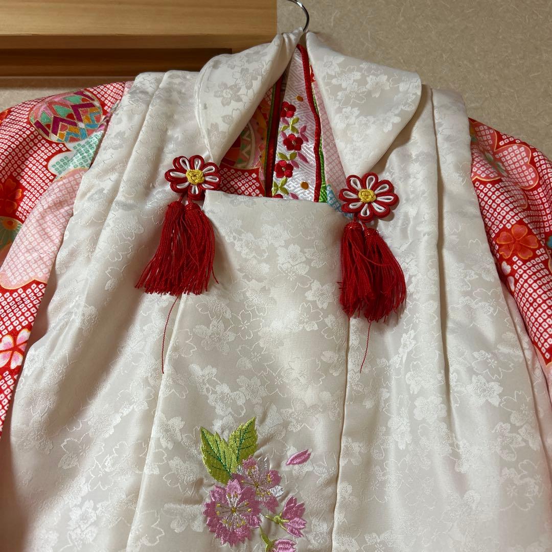 【白×ピンク絞り風】七五三 3歳 着物　被布コート12点セット　女の子　千歳飴