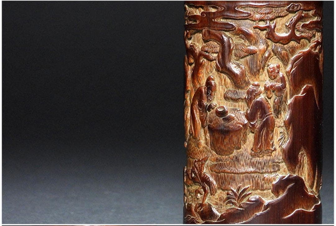 中国美術 古竹 彫刻 風景 賢人 図 筆筒 筆立/文房具書道具筆墨紙