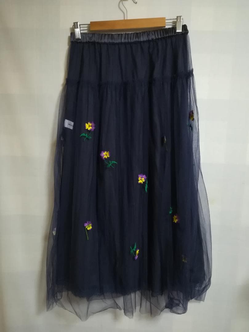 MUVEIL ビオラ刺繍 チュールスカート フラワー ネイビー サイズ40