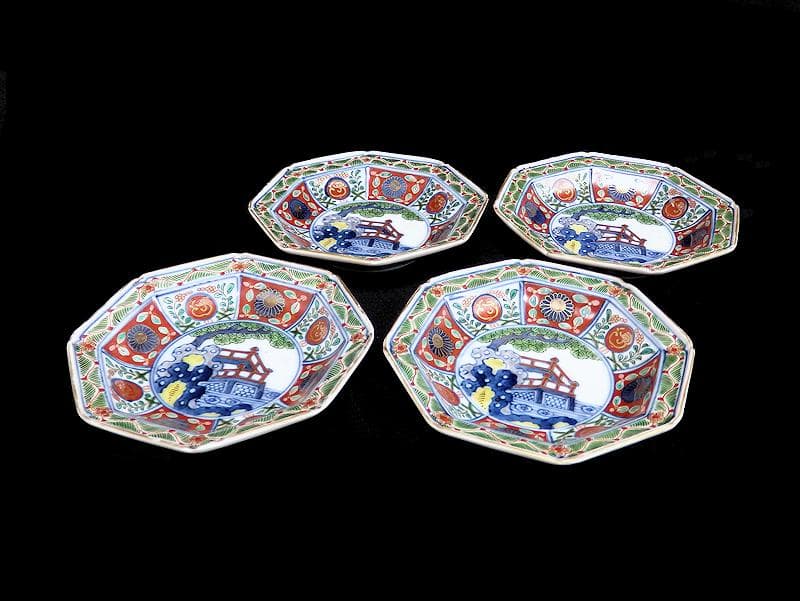 大聖寺伊万里 菊に龍 岩に欄干の図 八角4寸皿 4枚 D702AS-fbho