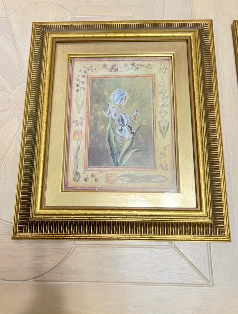 アンティーク額絵　英国製　大きめ　ゴールド金縁額絵　花　あやめ　チューリップ