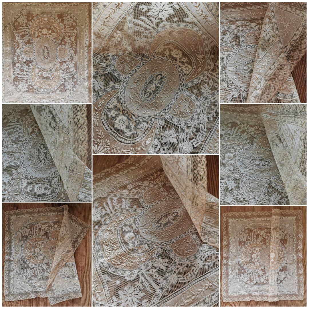 アンティーク ノルマンディーレースランナー セピアトーン 美しい盛上