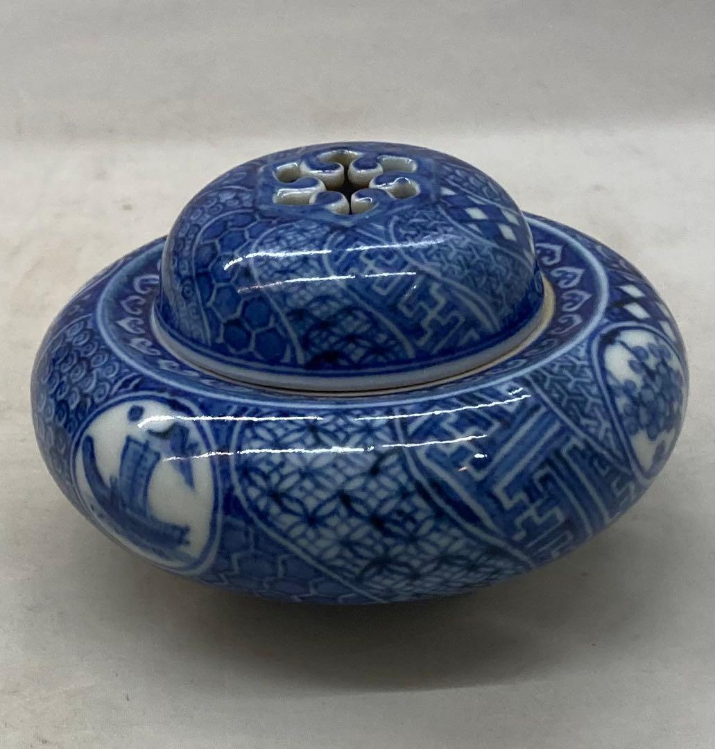 B504s「染付捻紋に松竹梅図 香炉」嶋田寿楽作　九谷焼　箱無　香道具