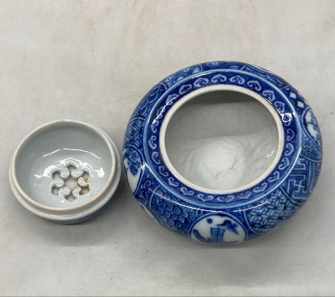 B504s「染付捻紋に松竹梅図 香炉」嶋田寿楽作　九谷焼　箱無　香道具