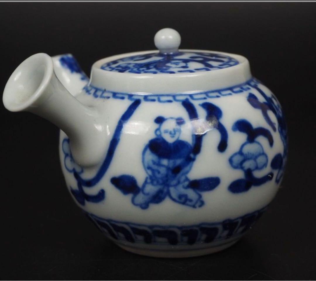 送料無料　大正時代唐子図青華急須　煎茶道具