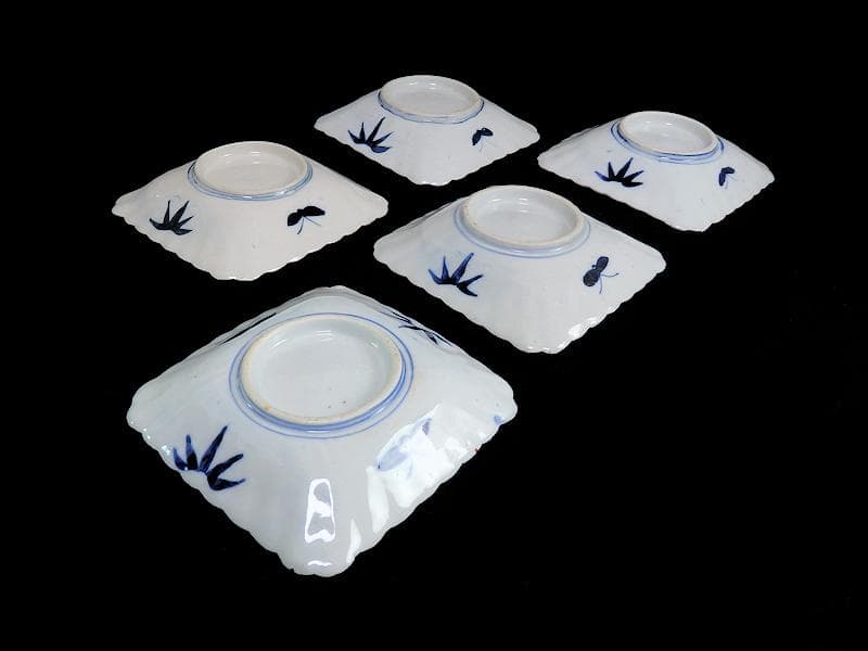 古伊万里　色絵　獅子に七宝紋の図　角皿　5枚　D559AS-BCh