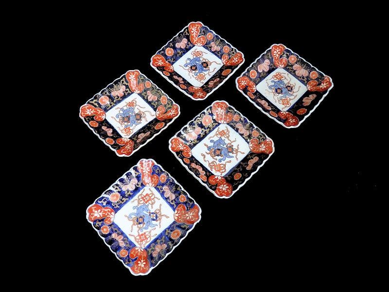 古伊万里　色絵　獅子に七宝紋の図　角皿　5枚　D559AS-BCh